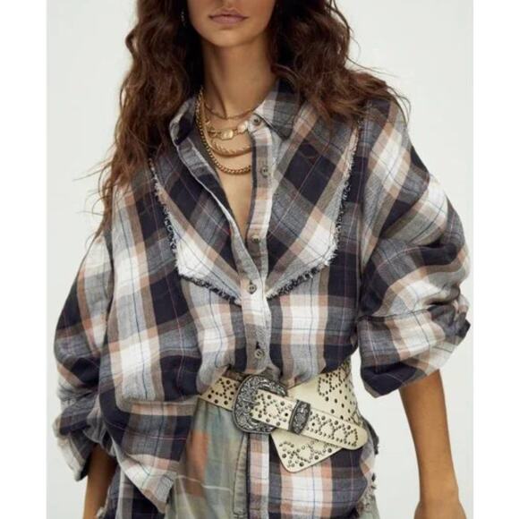 Free People Tops - Free People We The Free Women's Kyoto Plaid Cropped Oversized Button-Up Shirt S